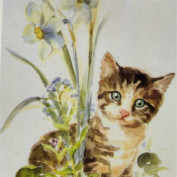 Vintage Tomcat Cat Wooden Frame Photo Picture Tabby Orange Striped Kitten Flower - Picture 4 of 12